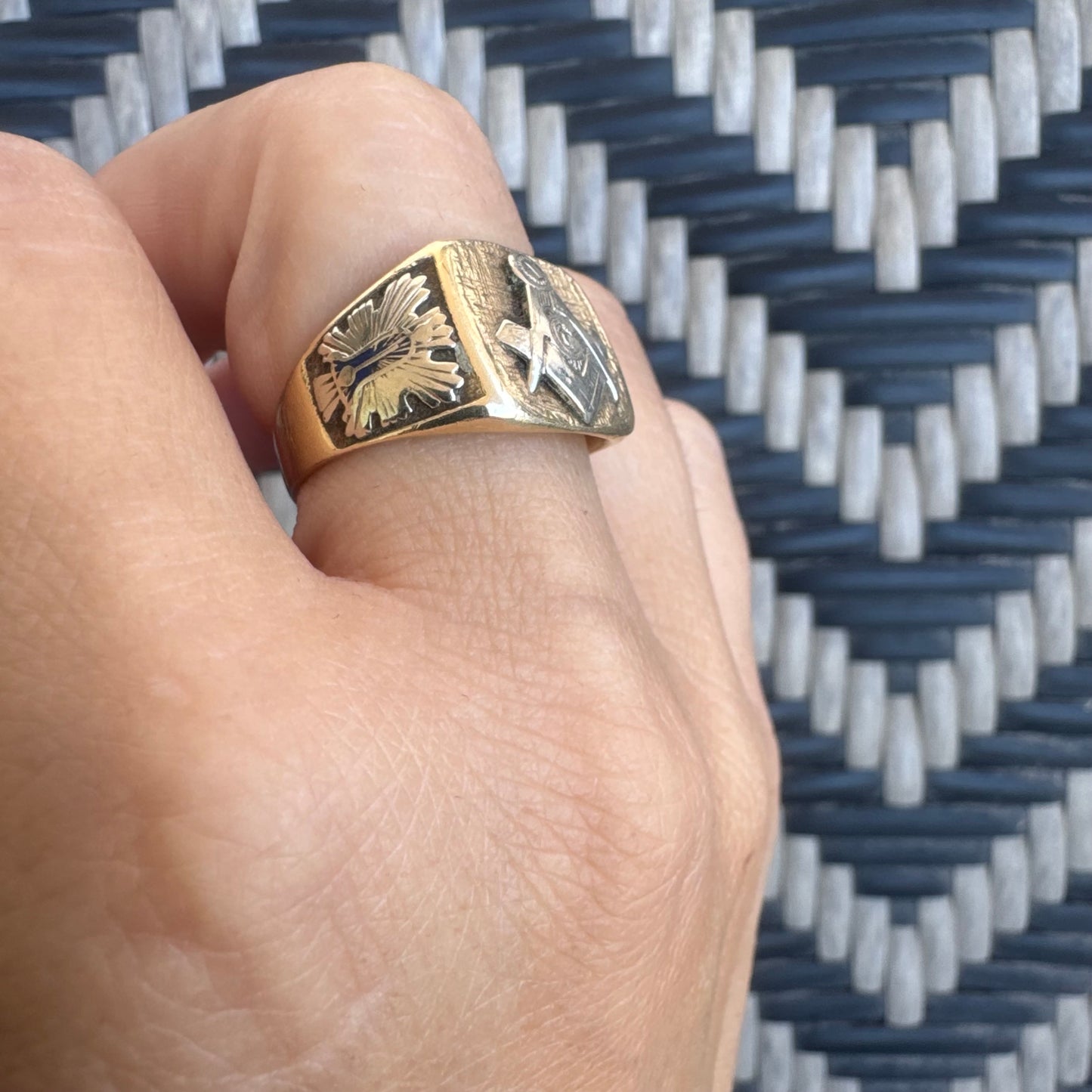 14K gold vintage Masonic ring featuring the iconic square and compass emblem.