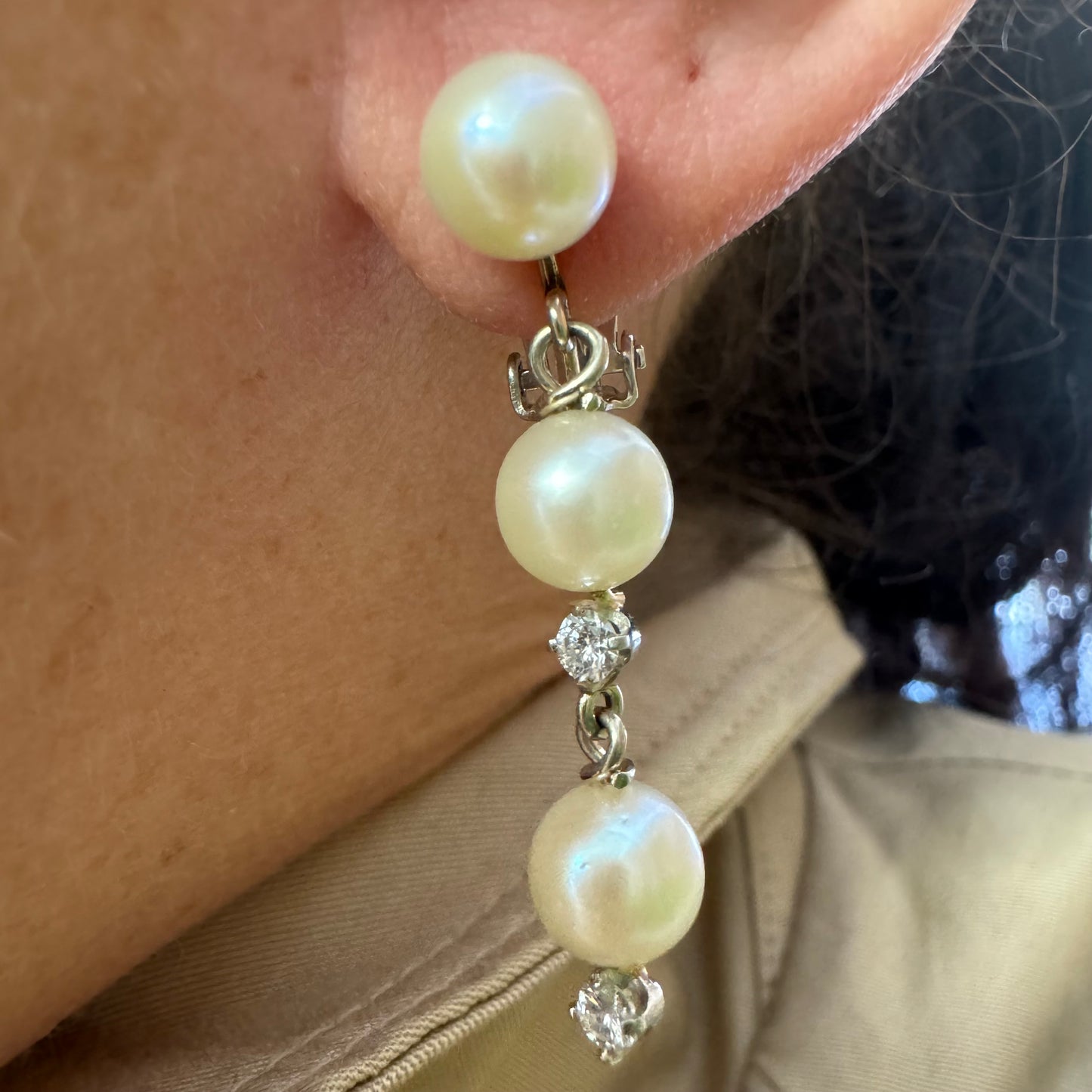 14K gold drop earrings set with Pearls & Diamonds