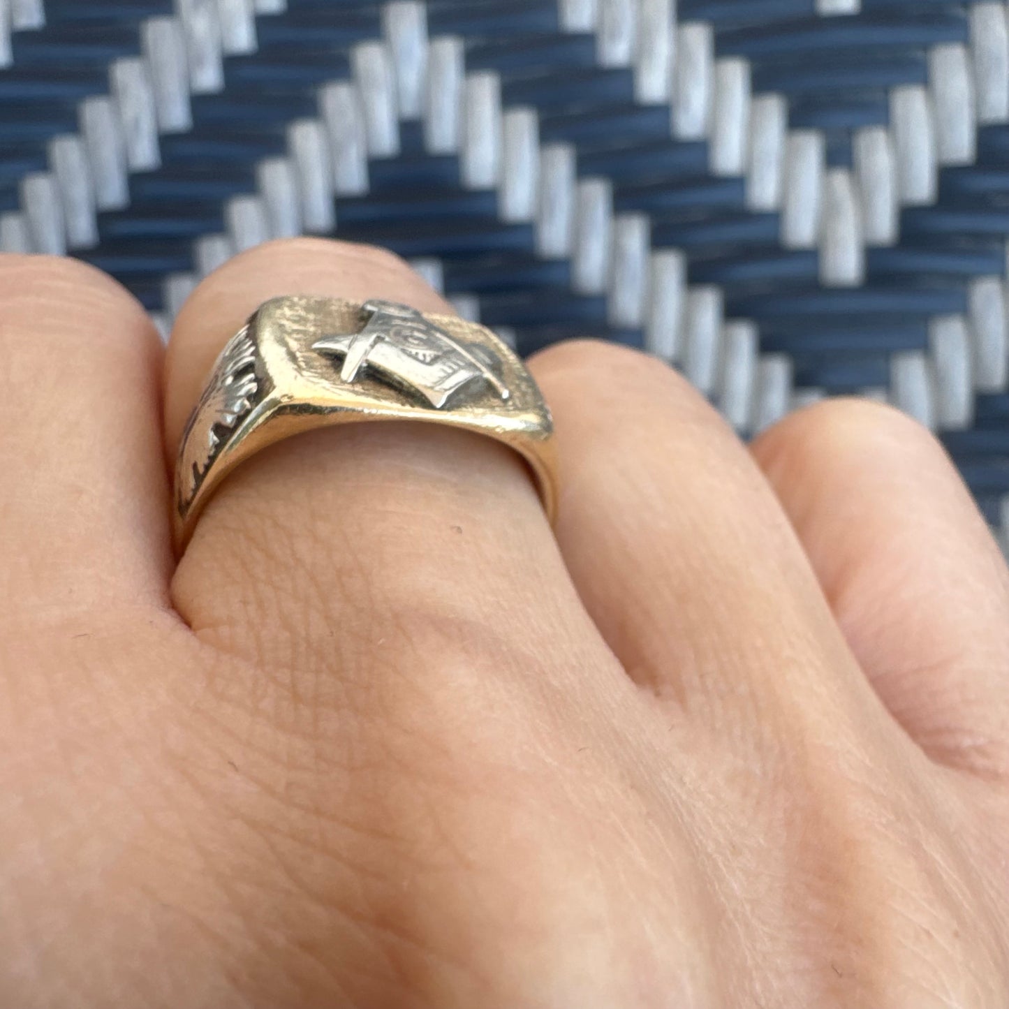 14K gold vintage Masonic ring featuring the iconic square and compass emblem.