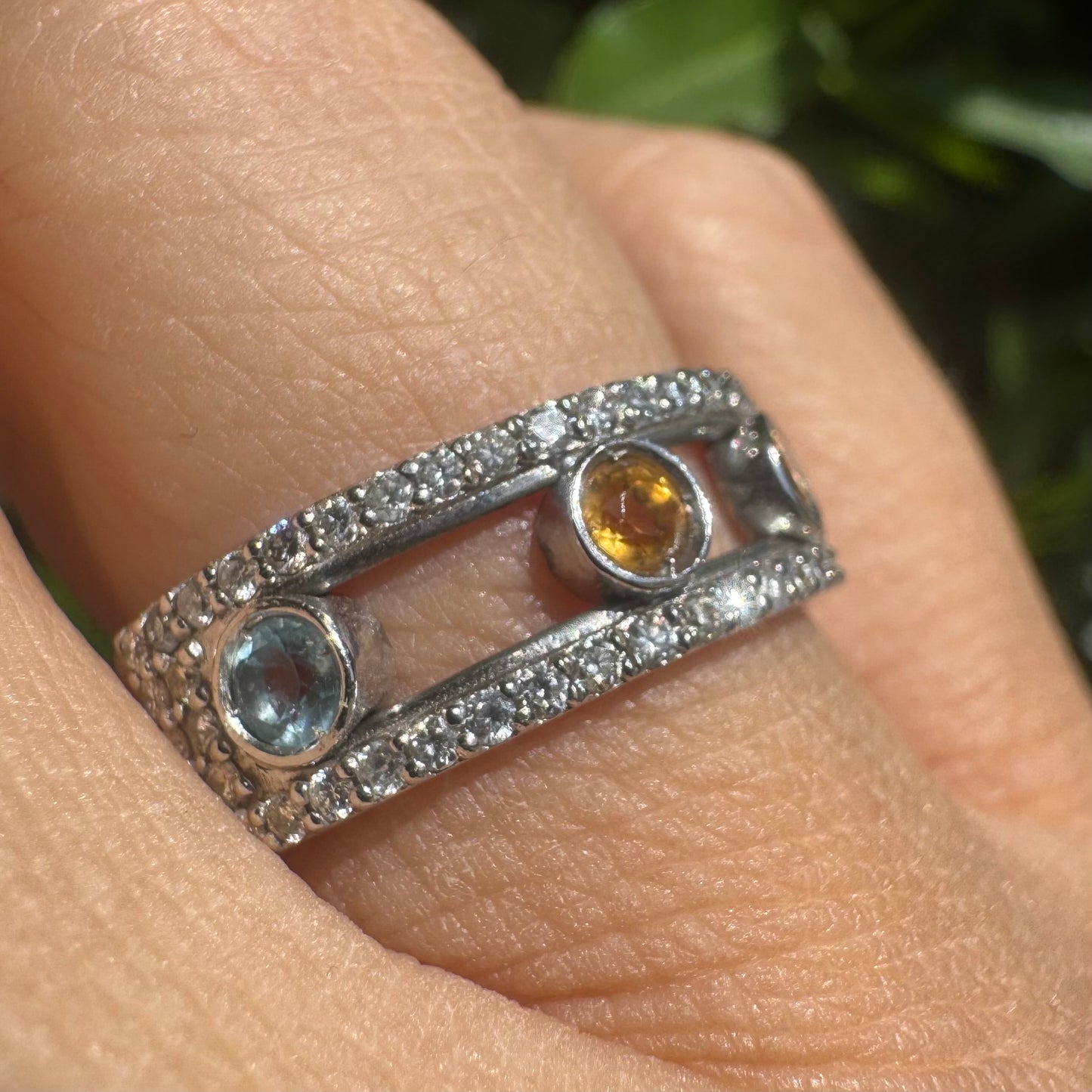 14K gold ring set with Blue Topaz, Citrine, and Rose Quartz, framed by a pave’ of sparkling diamonds