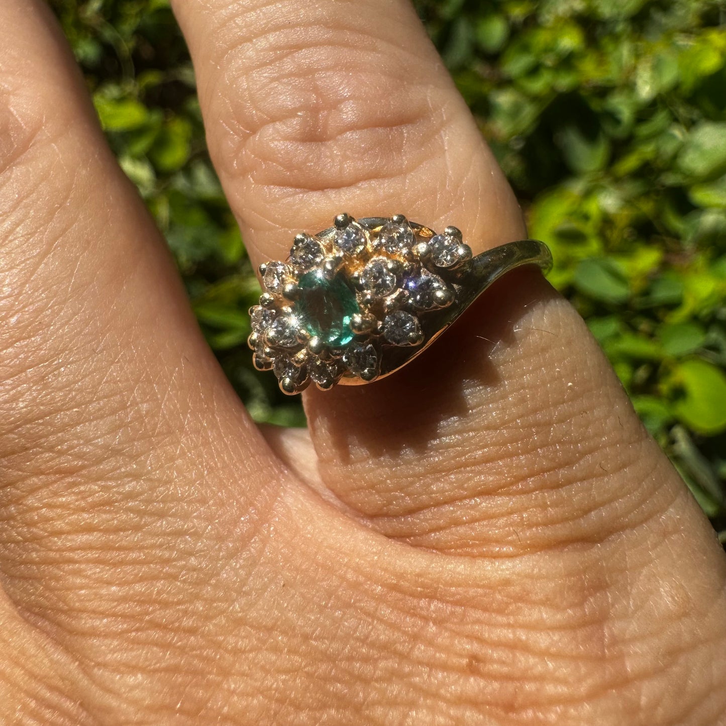 14K gold ring set with Emerald & Diamonds