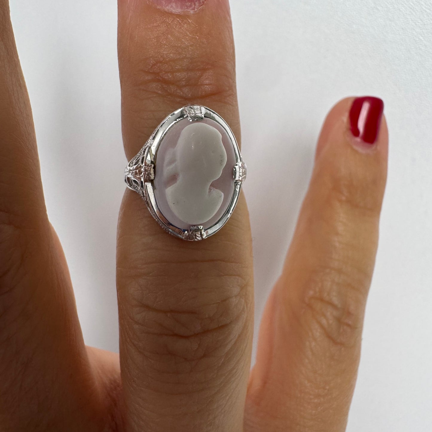 Platinum Cameo Ring set with a soft pink and white portrait