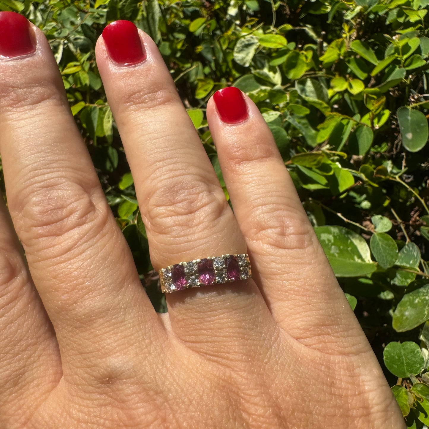 14K gold ring set with oval Pink Tourmalines and round brilliant-cut Diamonds