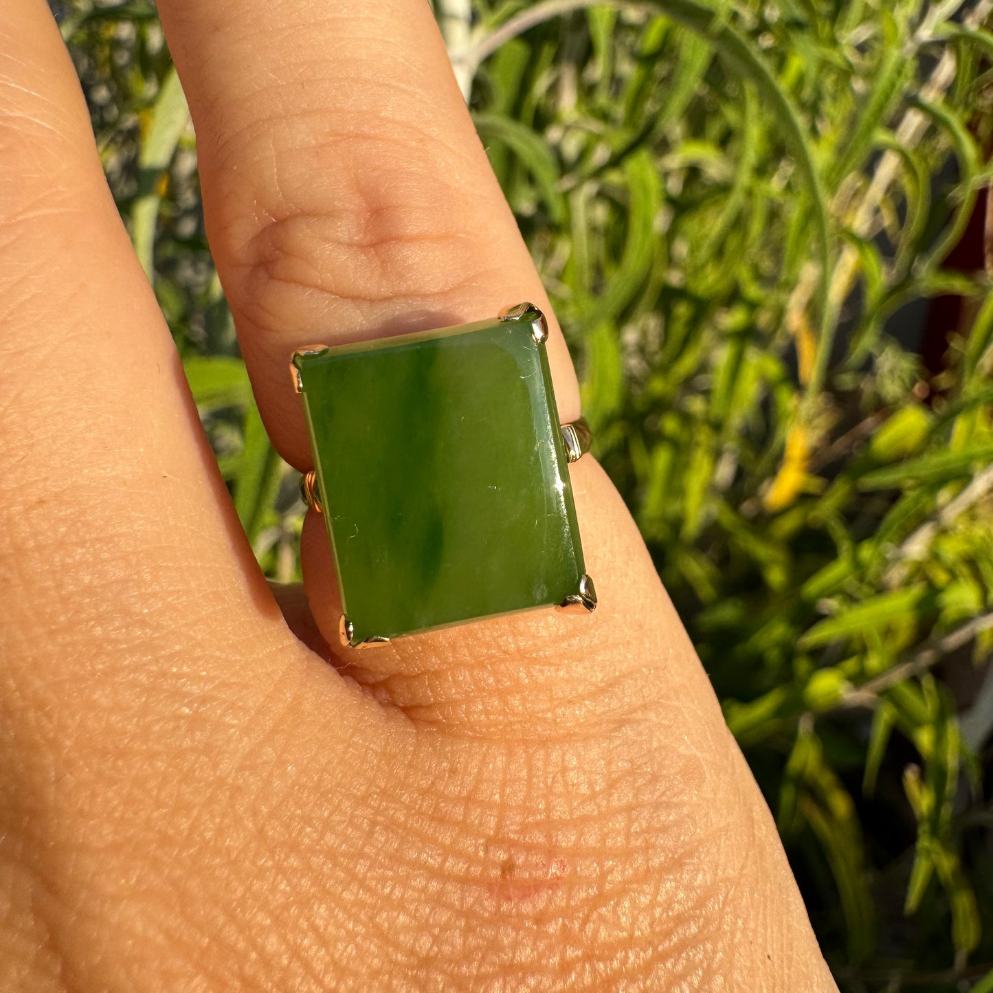 14K gold ring set with square green Jade