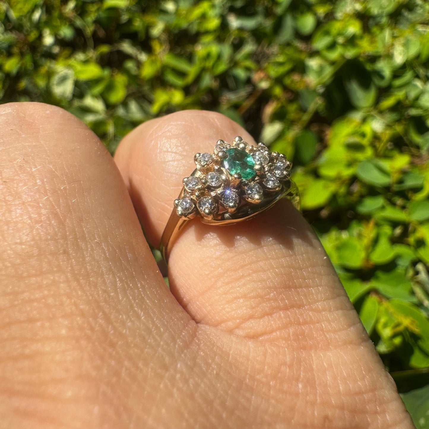 14K gold ring set with Emerald & Diamonds