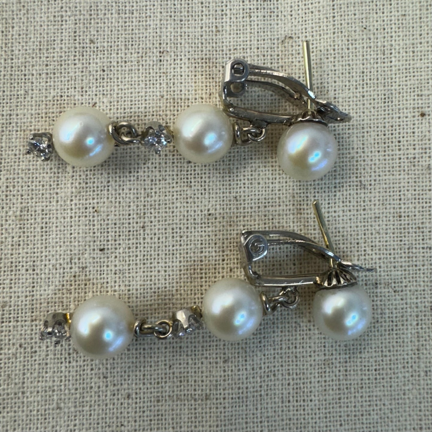14K gold drop earrings set with Pearls & Diamonds