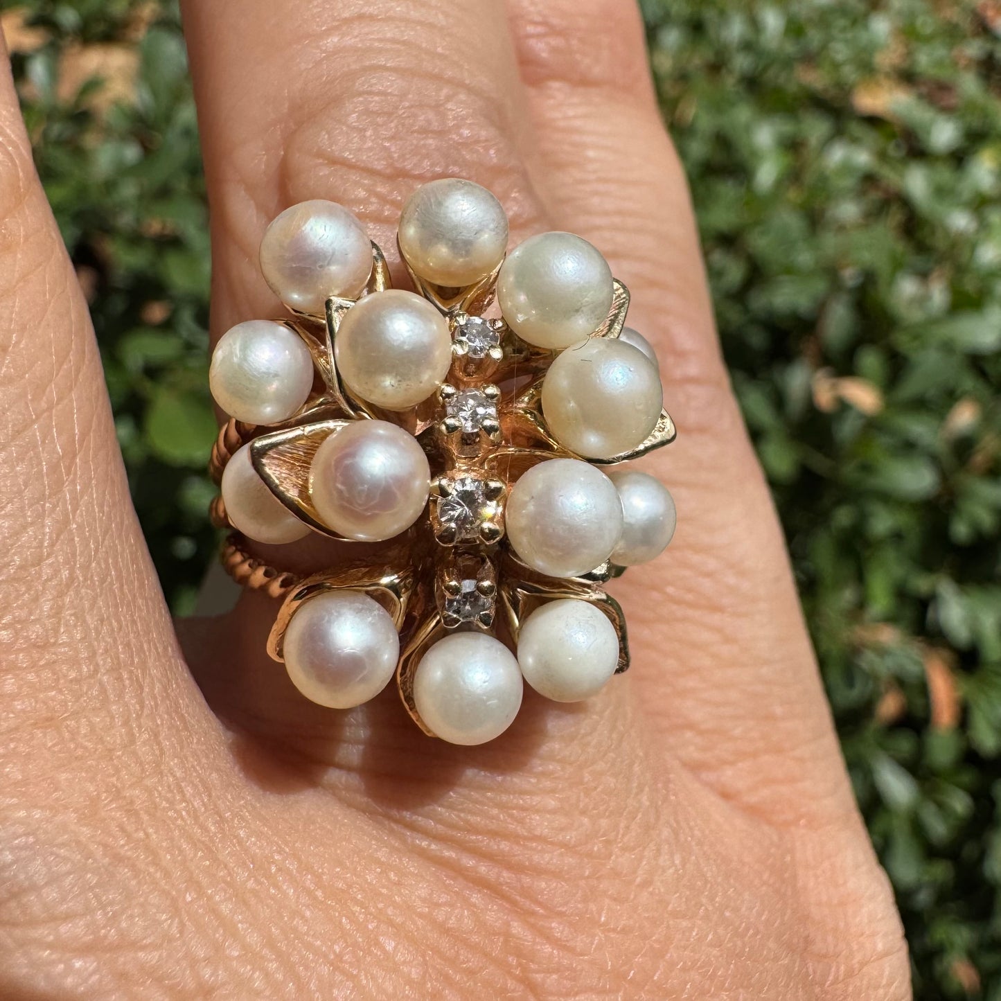 14K gold cocktail ring set with Pearls and Diamonds