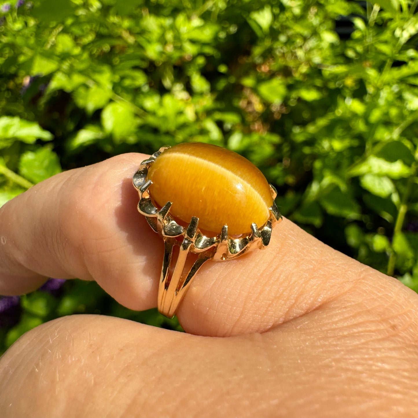 14K gold ring set with a yellow Cat’s Eye cabochon