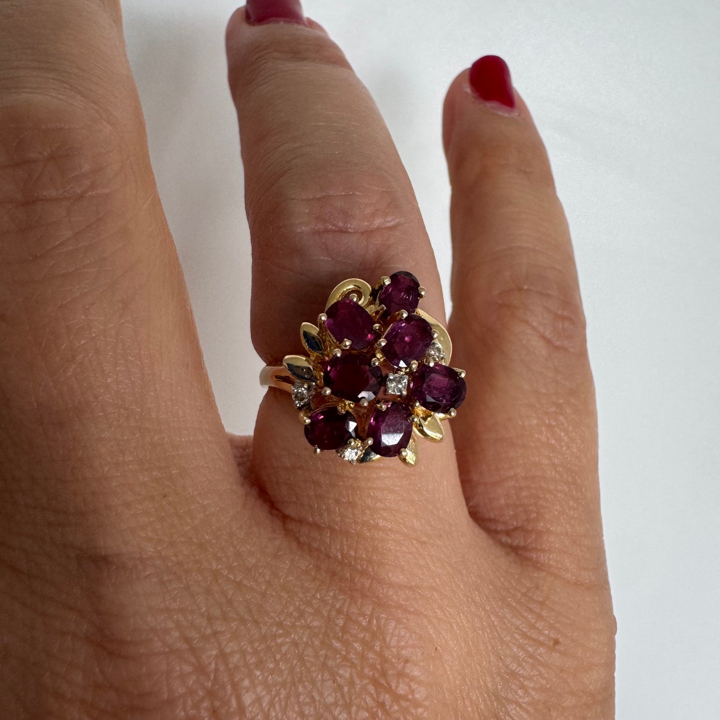 14K gold floral cluster ring set with a rich arrangement of deep pink Tourmaline & Diamonds