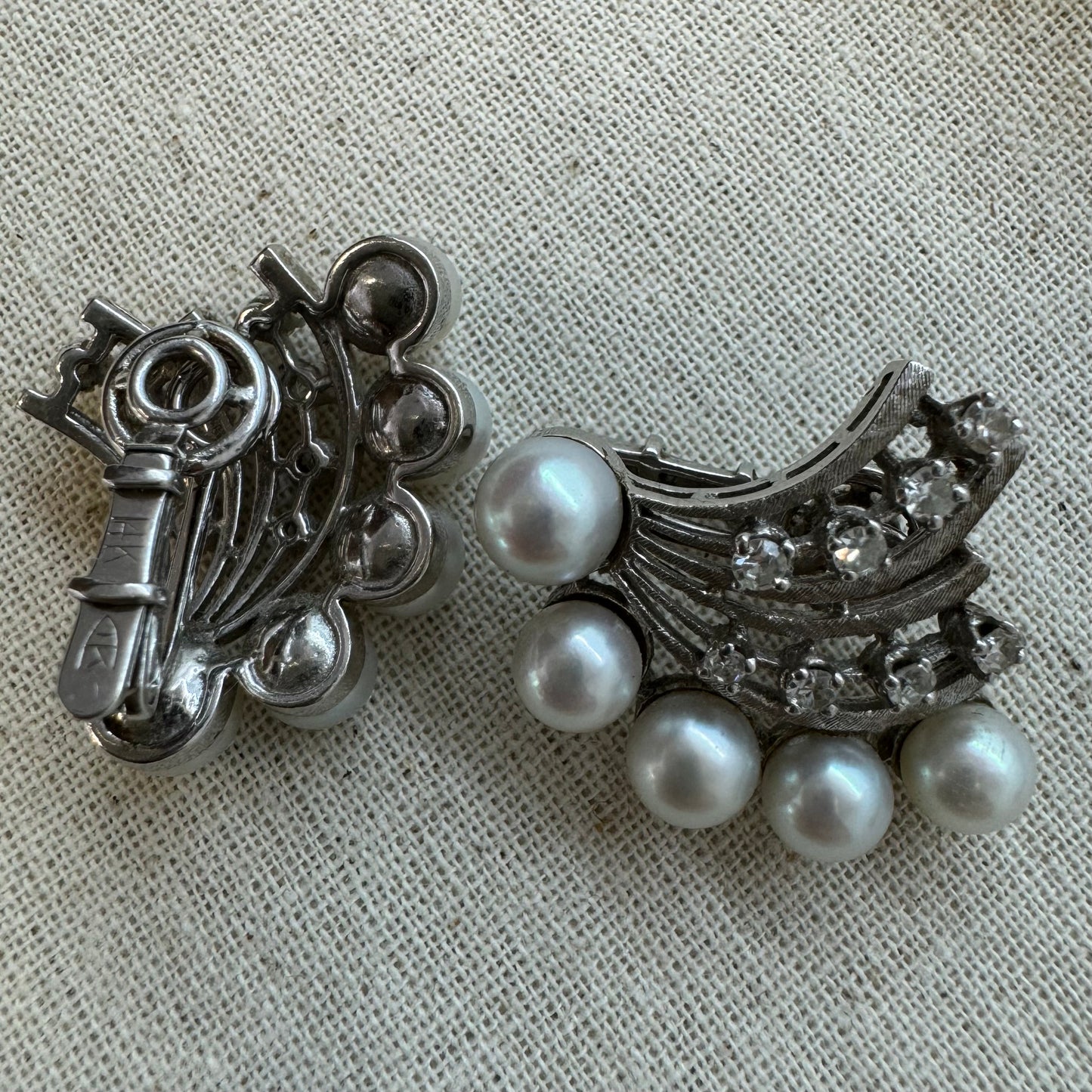 14K gold clip-on earrings set with lustrous pearls & sparkling Diamonds