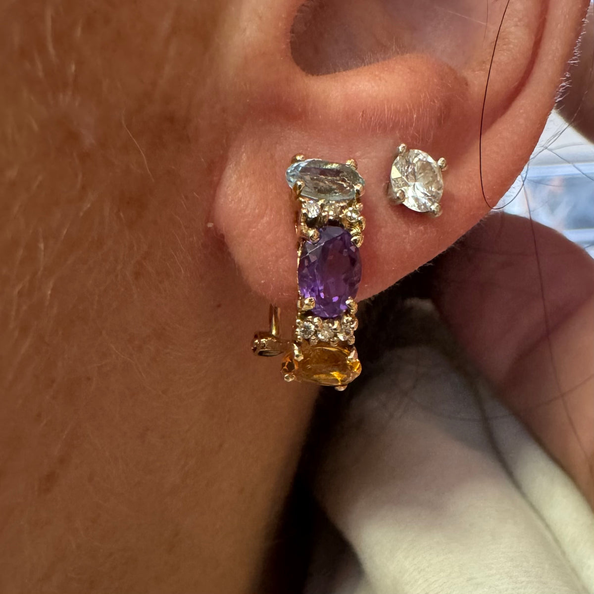 14K gold earrings featuring a beautiful arrangement of multi-colored gemstones & Diamonds