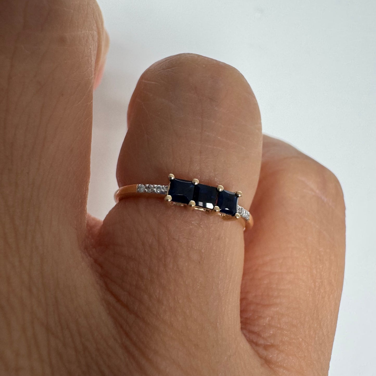 14K Yellow Gold Ring featuring three rectangular Sapphires & Diamonds