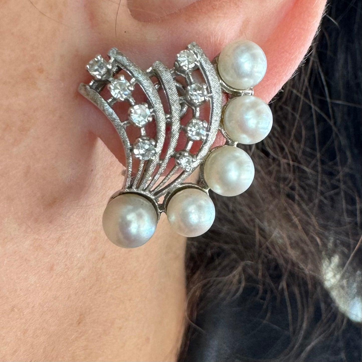 14K gold clip-on earrings set with lustrous pearls & sparkling Diamonds