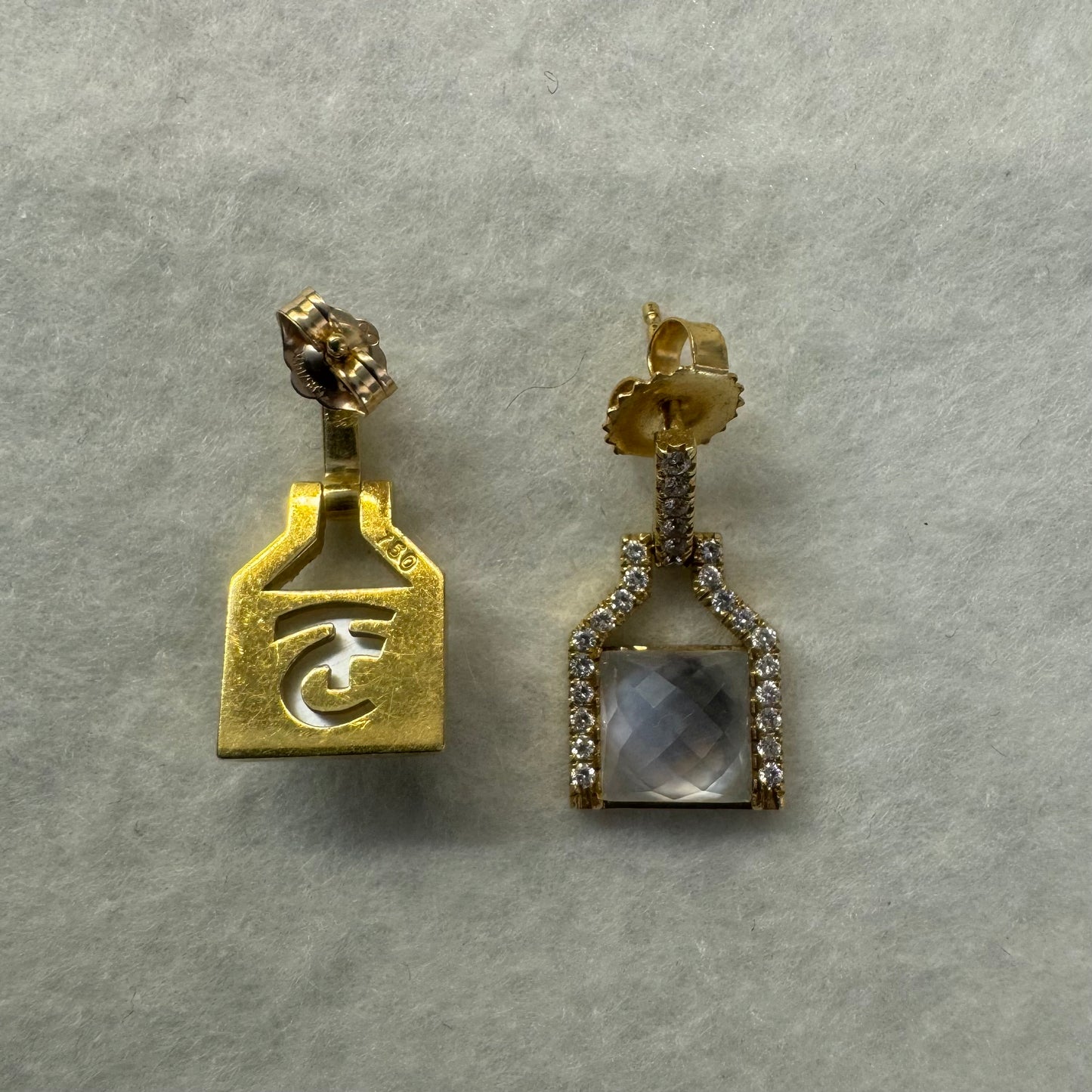 18K gold earrings featuring a cushion-cut translucent Gemstone, framed with sparkling Diamonds