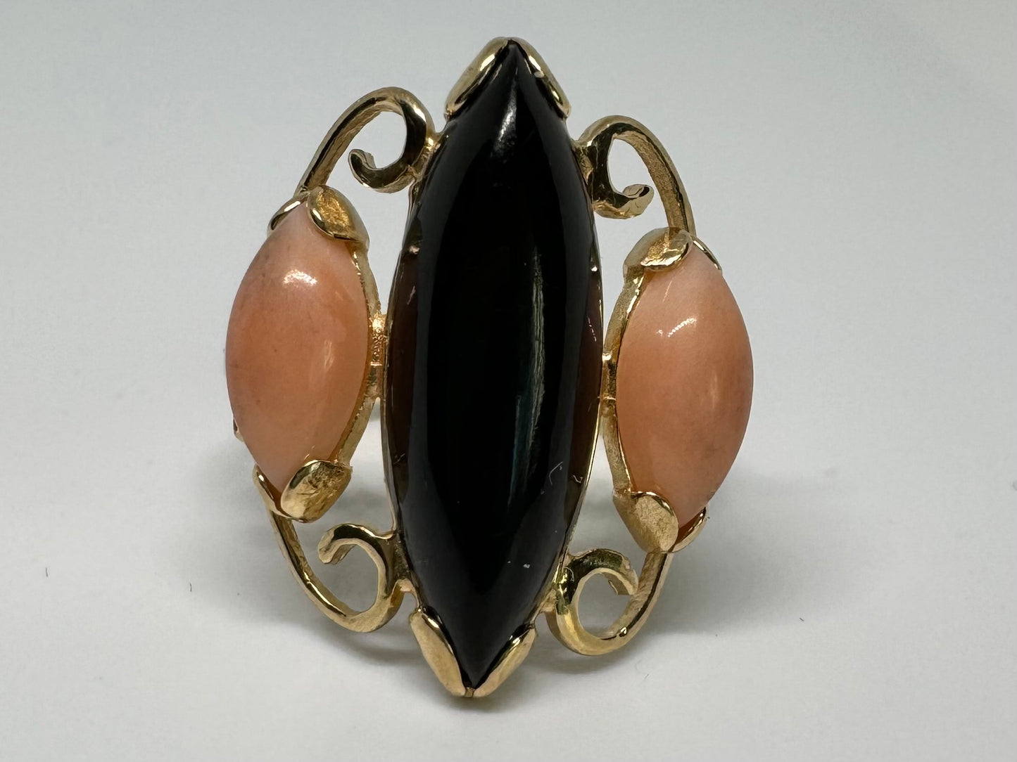 14K gold ring set with Black Onyx & Coral