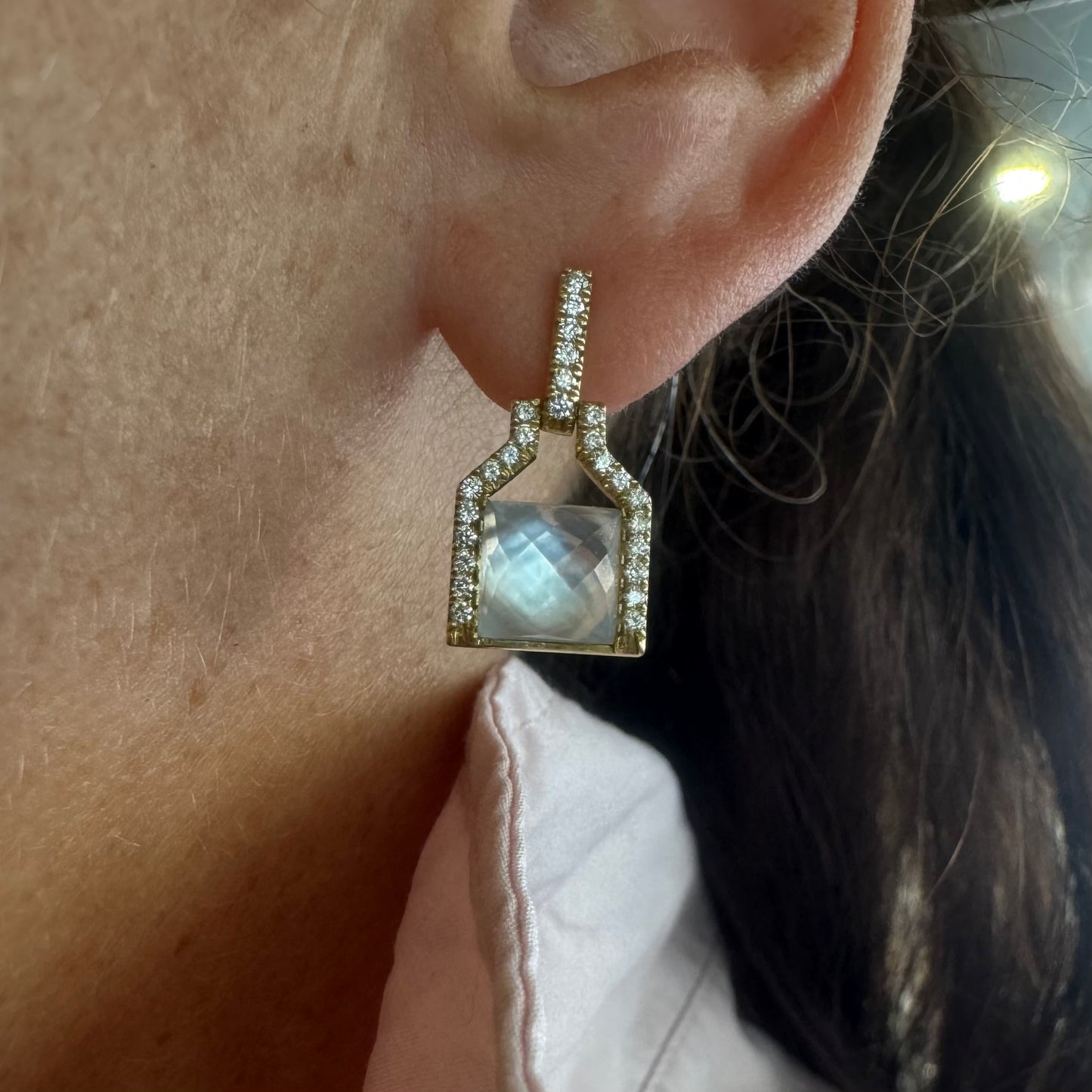 18K gold earrings featuring a cushion-cut translucent Gemstone, framed with sparkling Diamonds