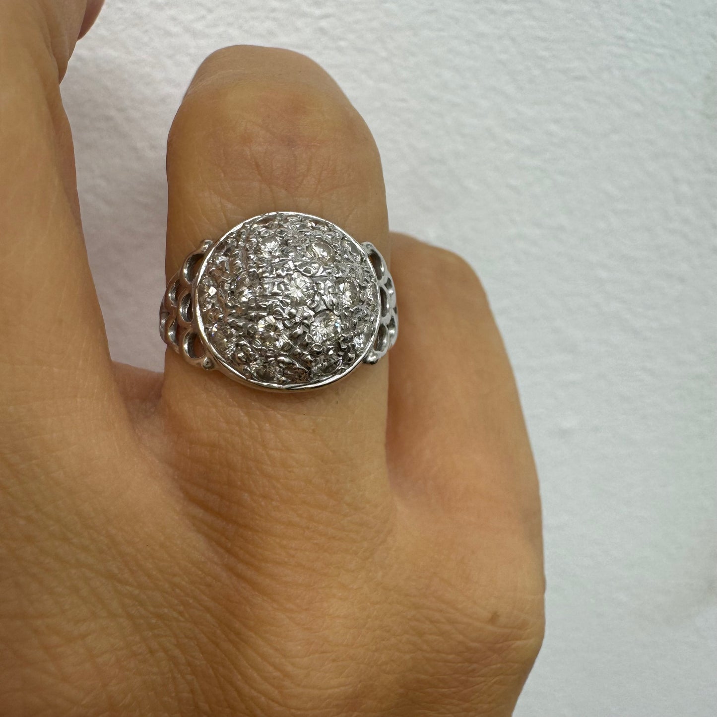14k white gold ring featuring a domed pavé-style setting covered in sparkling Diamonds