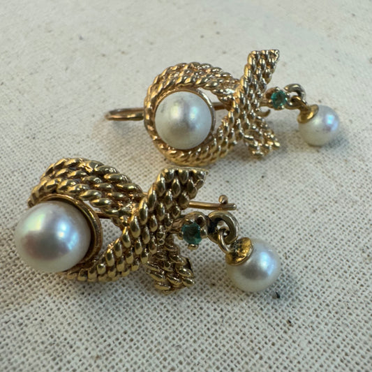 14K gold Drop Earrings set with Pearl & Emerald