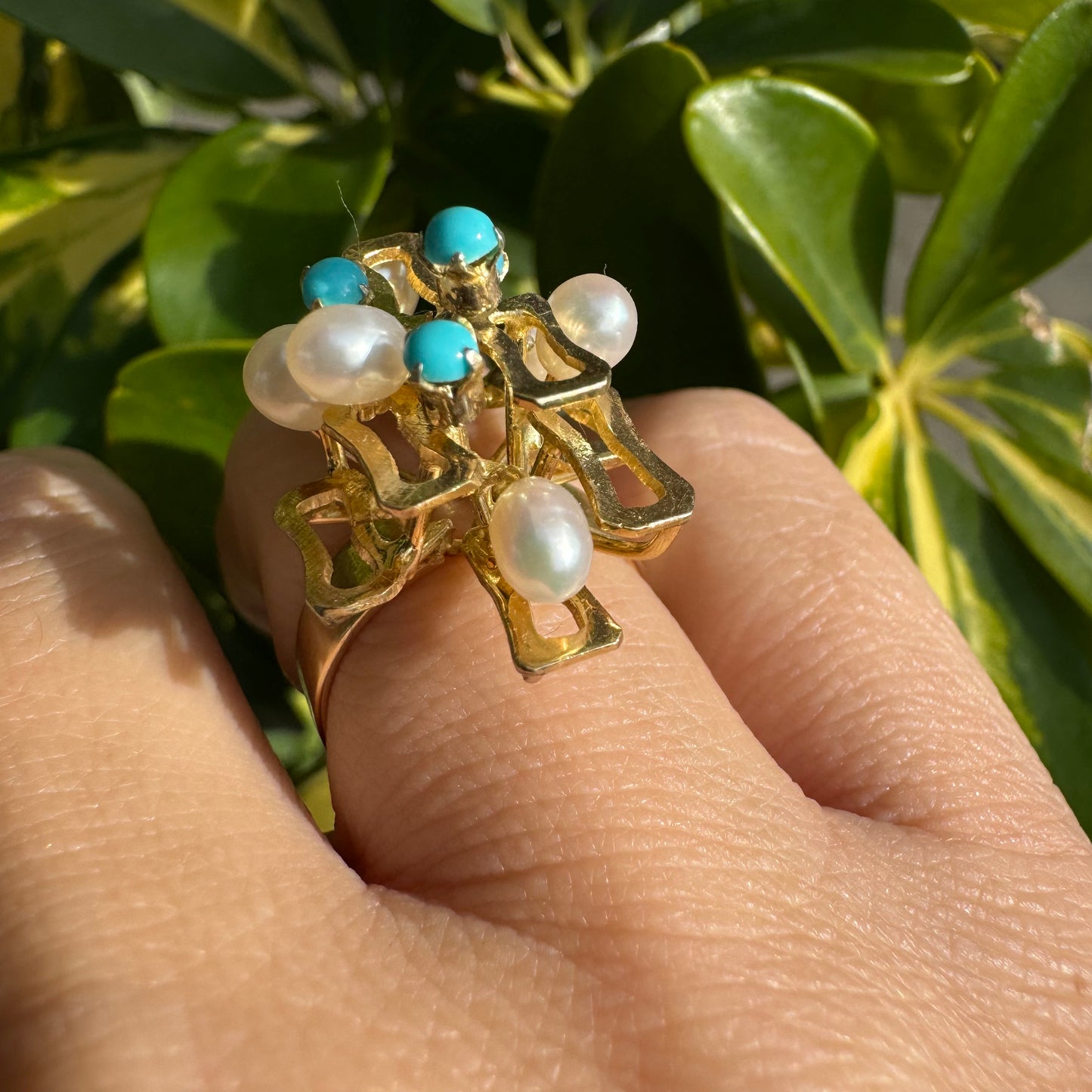 14K gold ring set with Turquoise & Pearls
