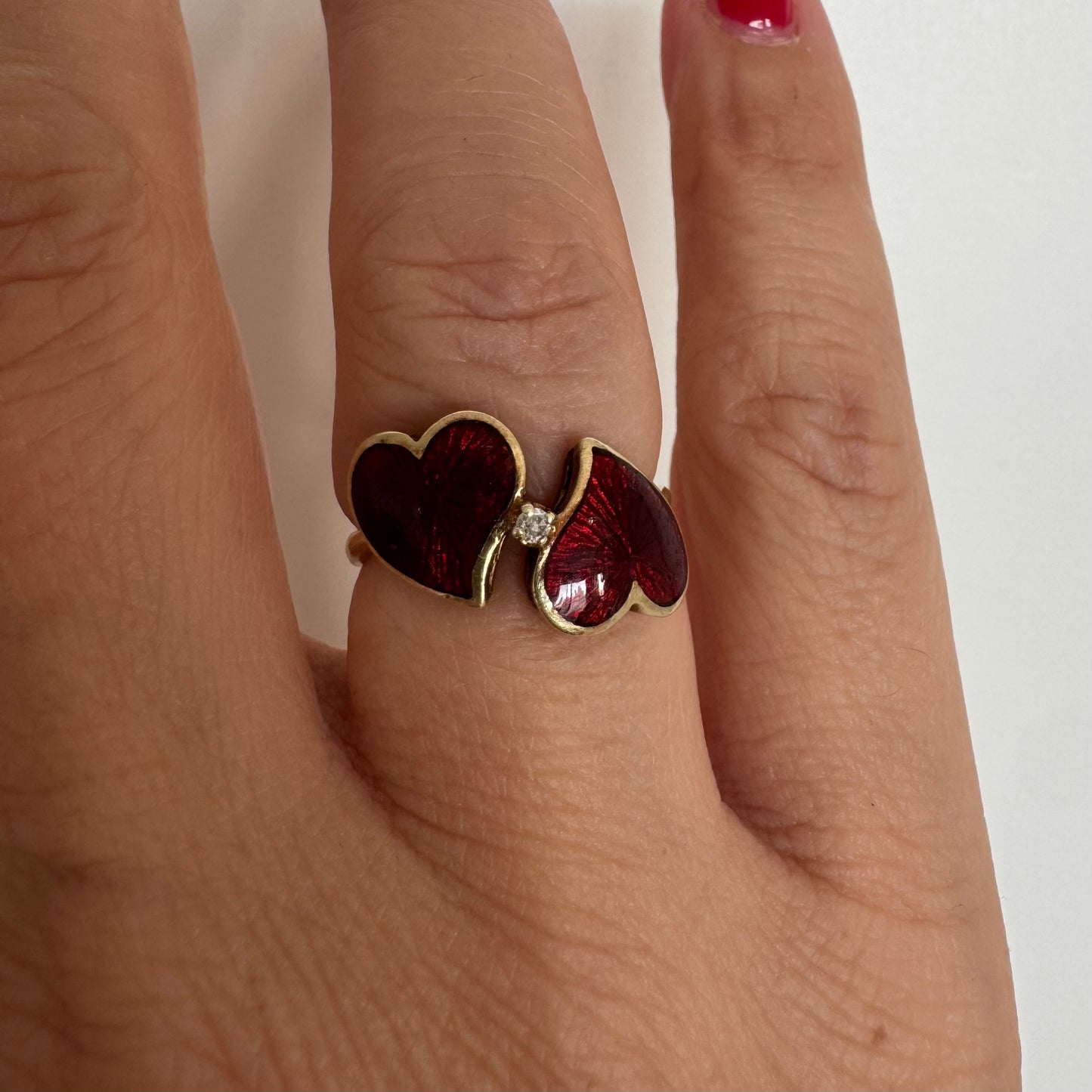 14K gold ring “Two Hearts” set with red enamel & one center Diamond