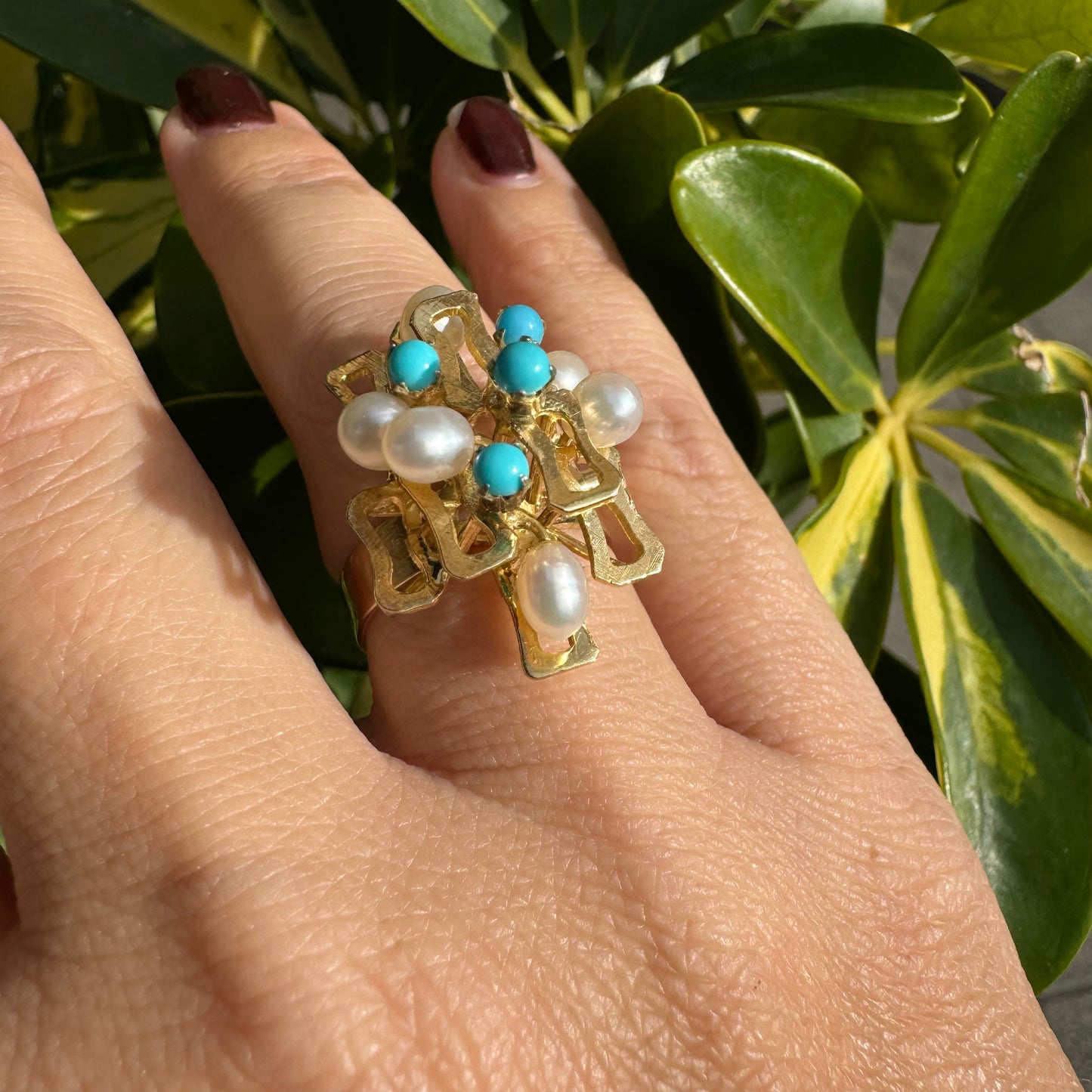 14K gold ring set with Turquoise & Pearls
