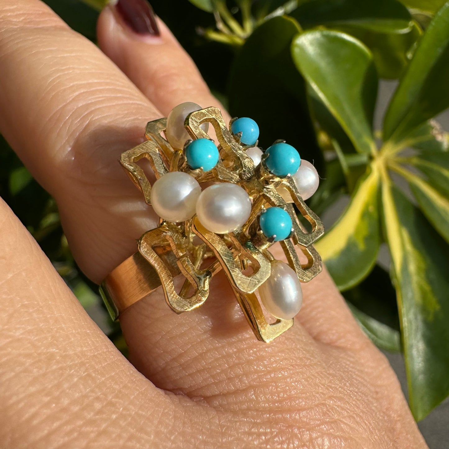 14K gold ring set with Turquoise & Pearls