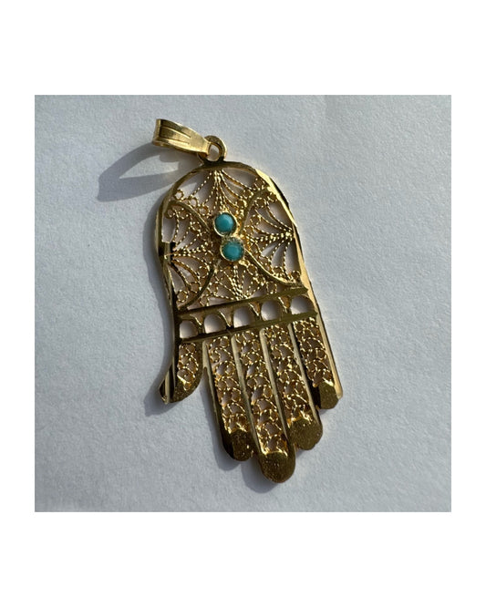 תליון זהב צהוב 14 קראט ״חמסה״ משובצת אבני טורקיז