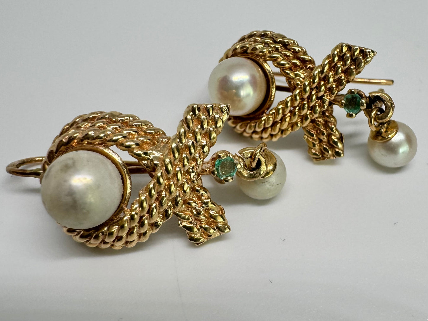 14K gold Drop Earrings set with Pearl & Emerald