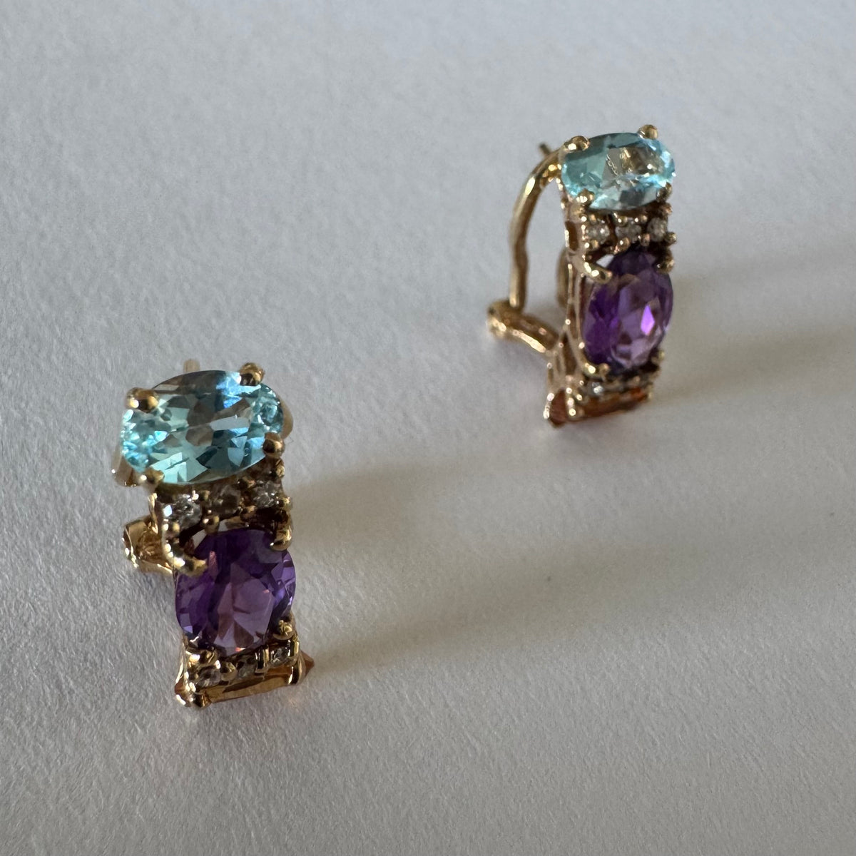 14K gold earrings featuring a beautiful arrangement of multi-colored gemstones & Diamonds
