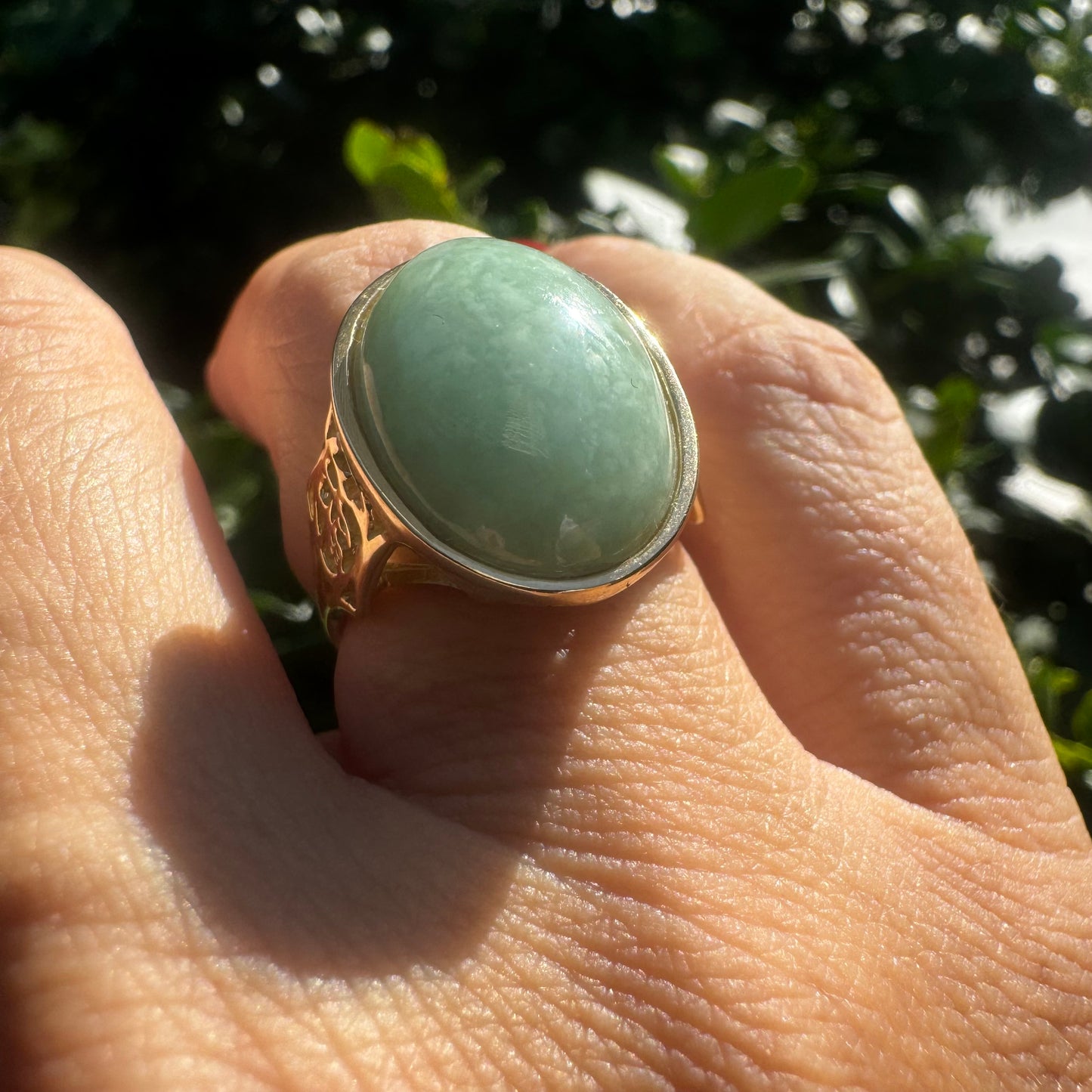 14K gold ring set with Light Green Jade