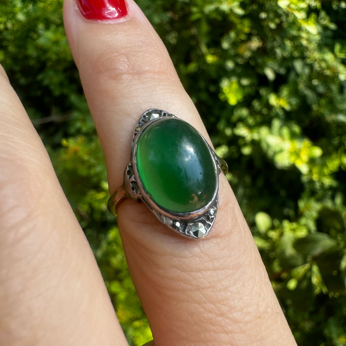 9K gold ring set with green Jade & Diamonds