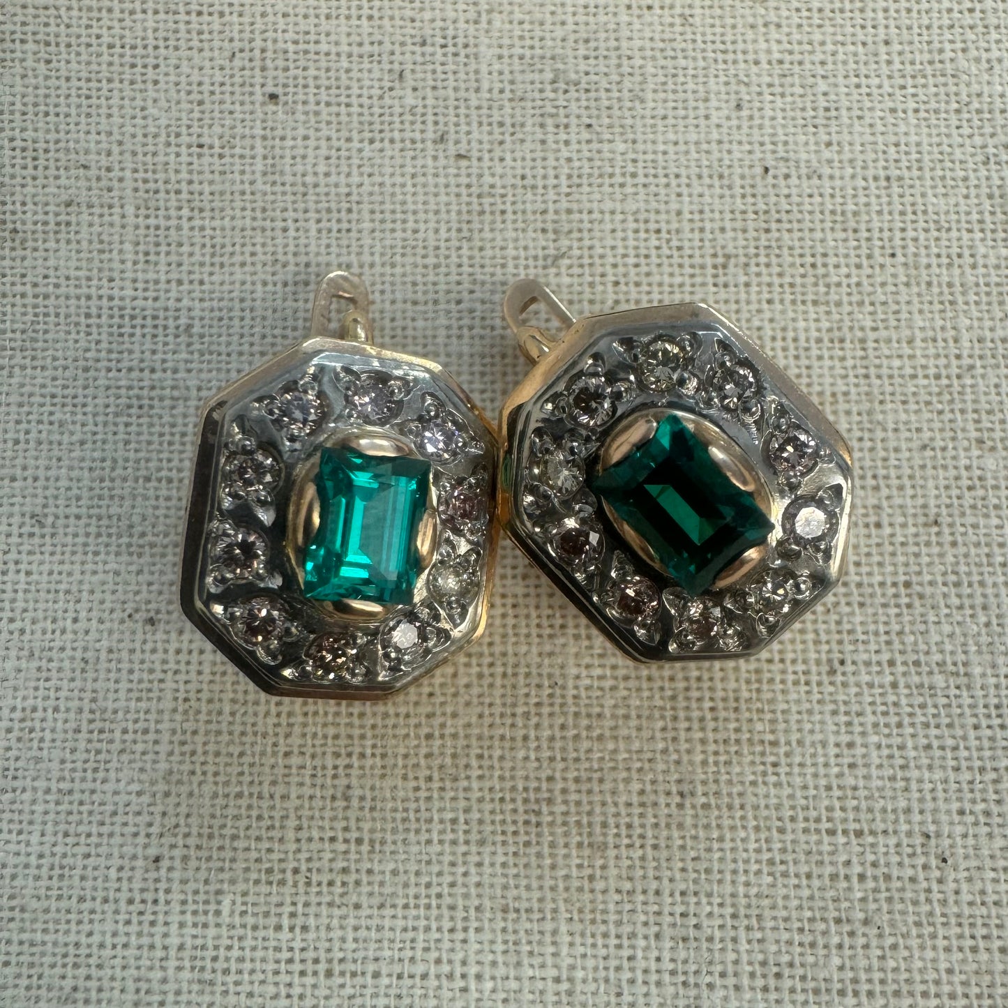 14K gold earrings set with Emerald & Diamonds