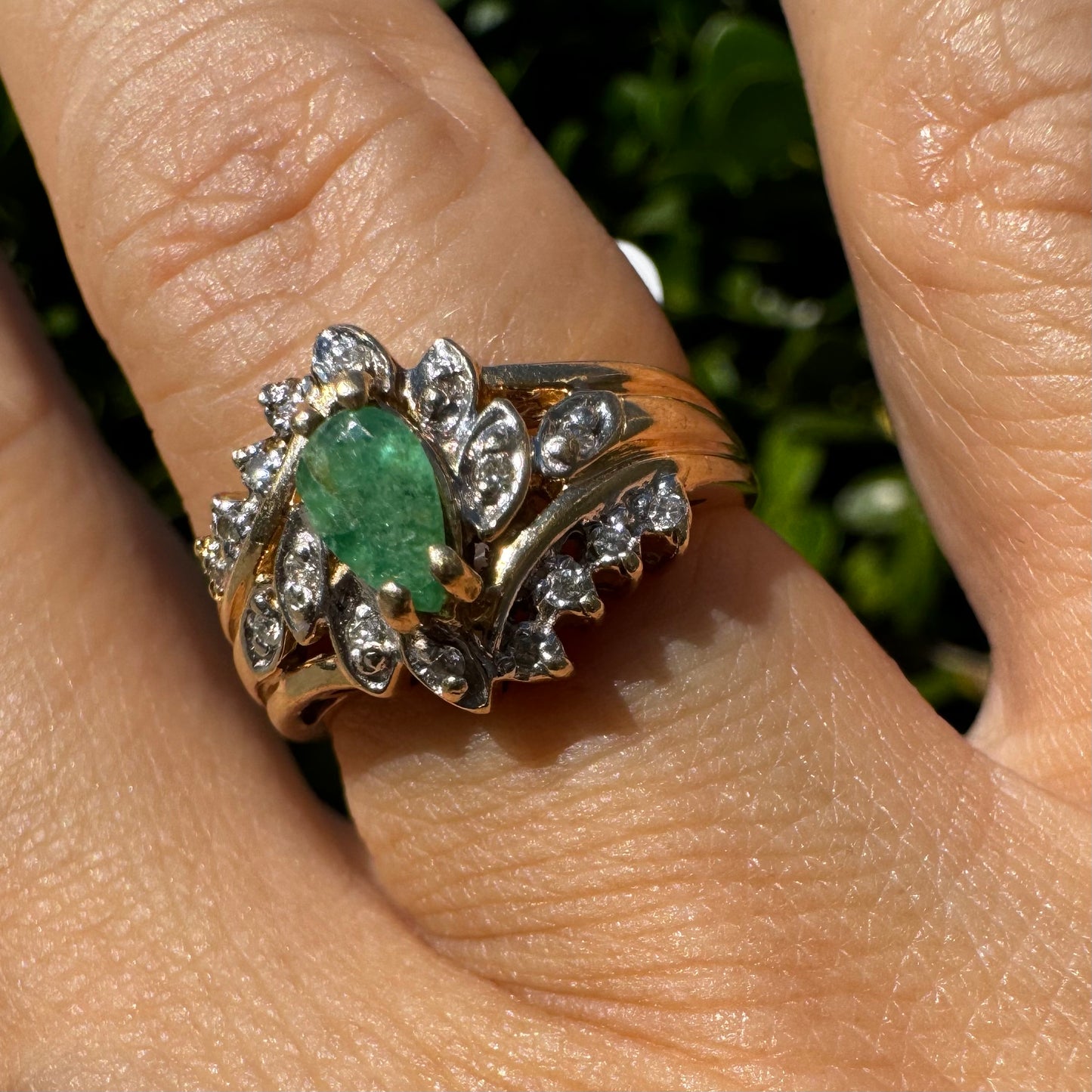 14K gold ring set with Emerald & Diamonds