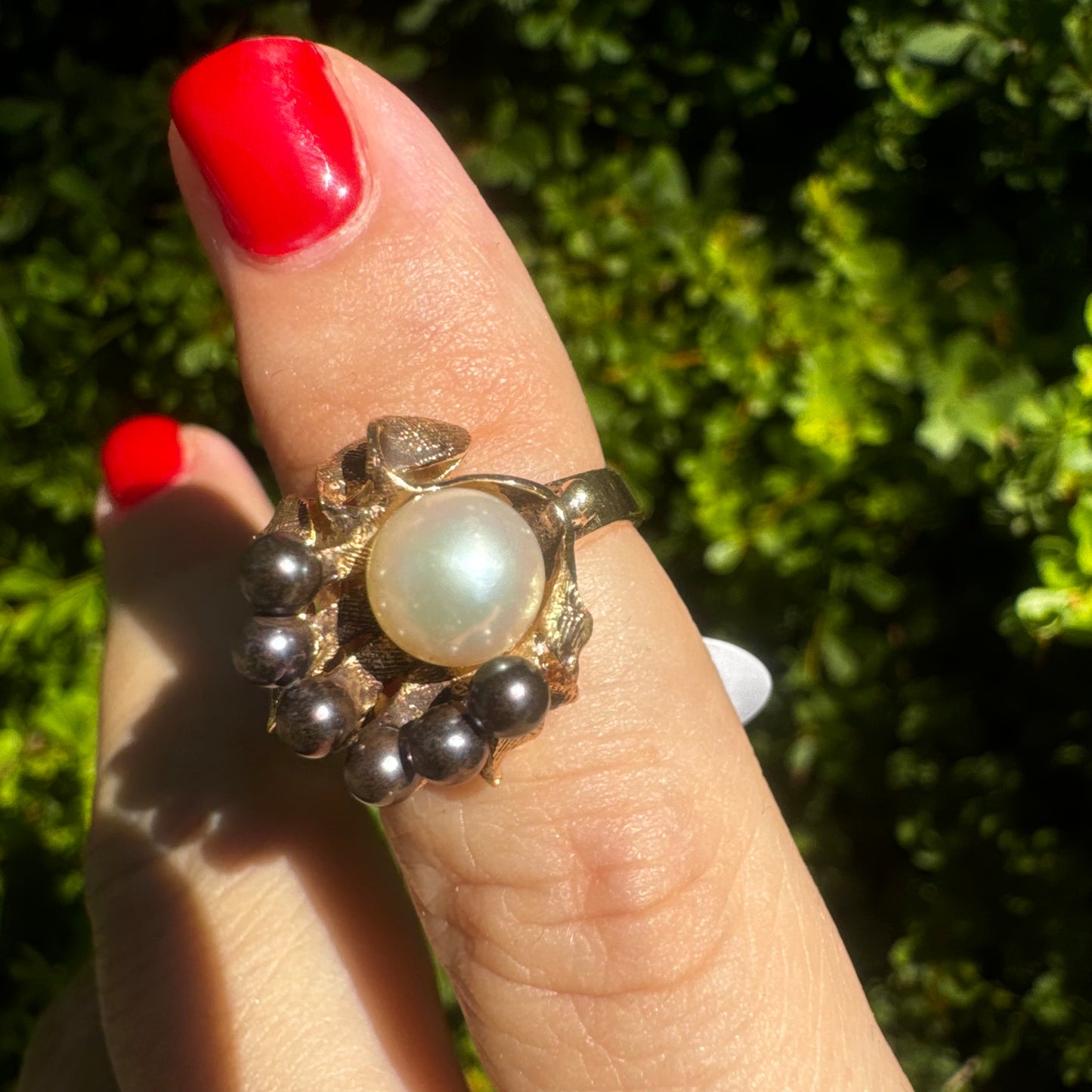 14K gold ring set with Pearl & Black Pearls