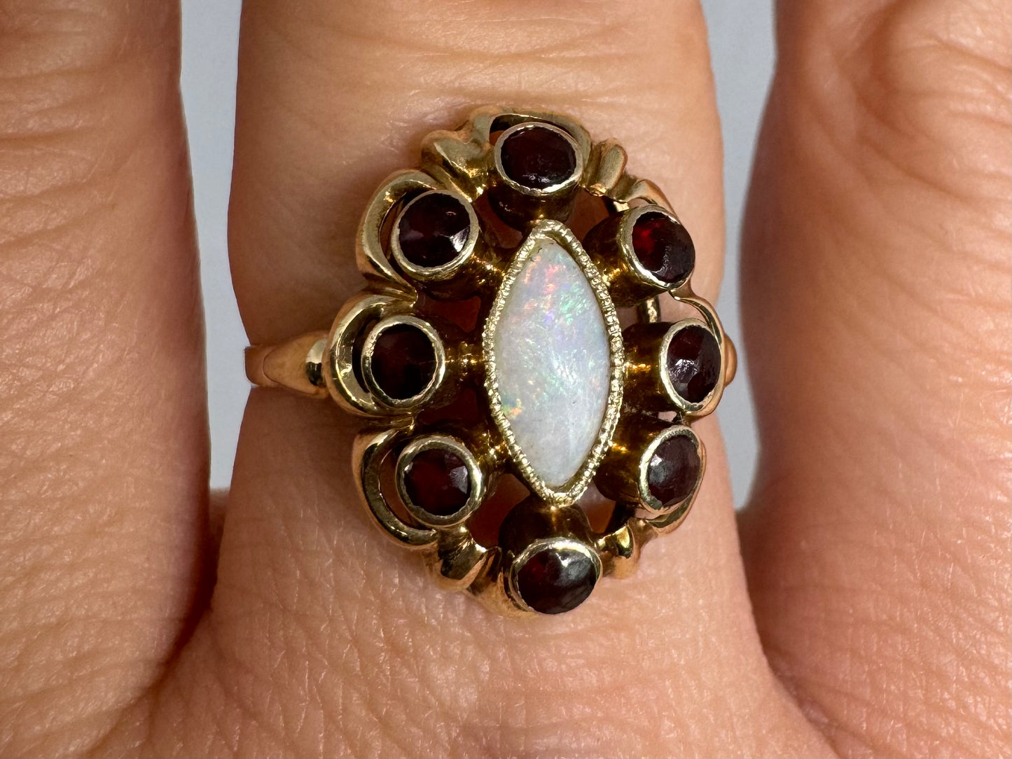 14K gold ring set with Opal & Garnets