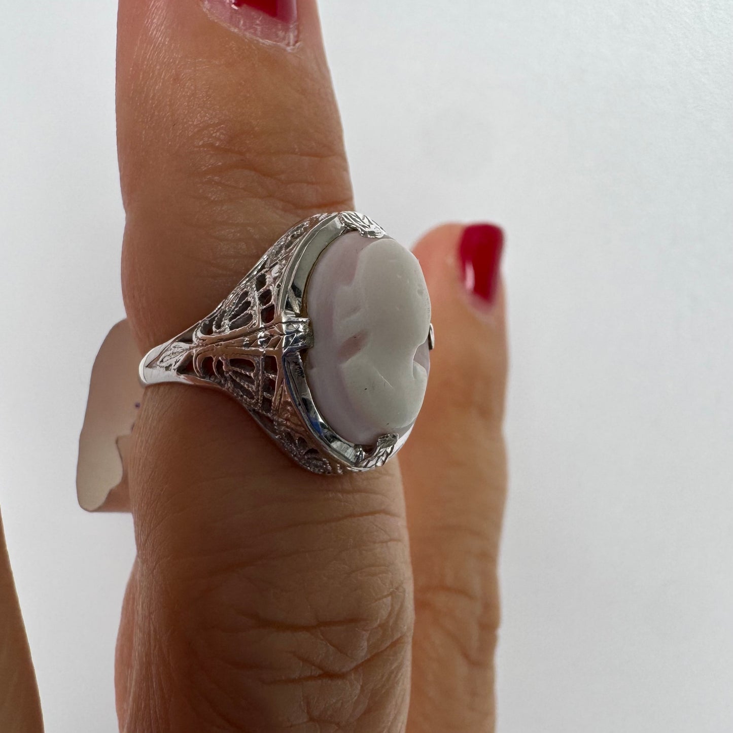 Platinum Cameo Ring set with a soft pink and white portrait