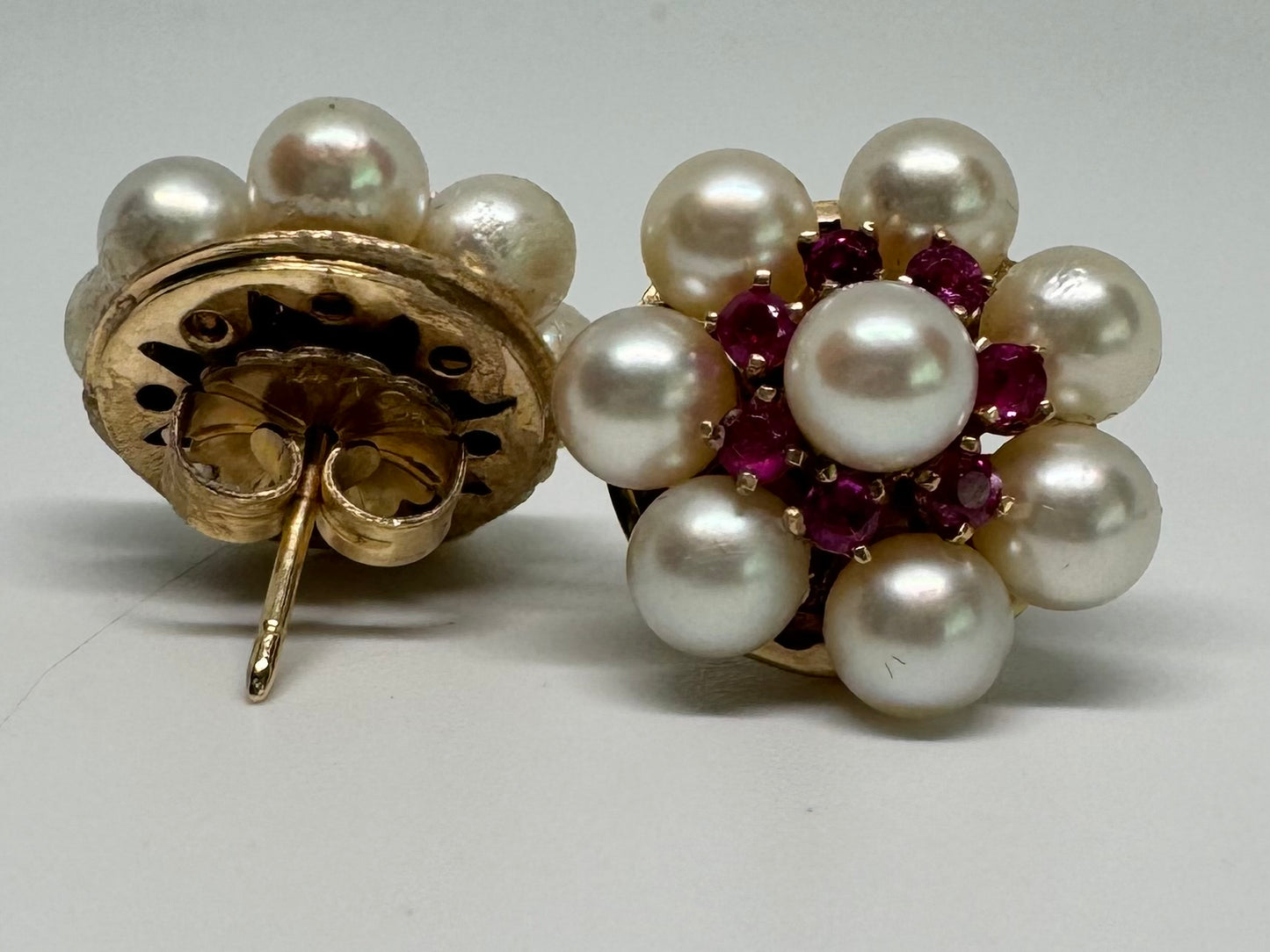 14K gold stud earrings set with Ruby & Pearls