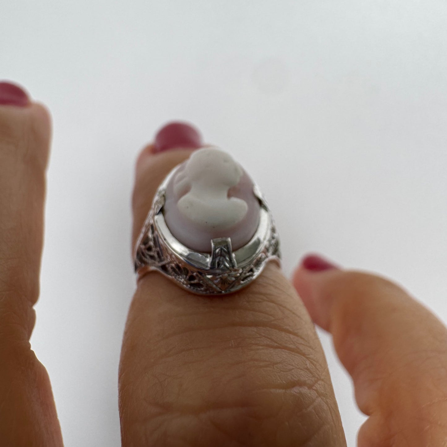 Platinum Cameo Ring set with a soft pink and white portrait