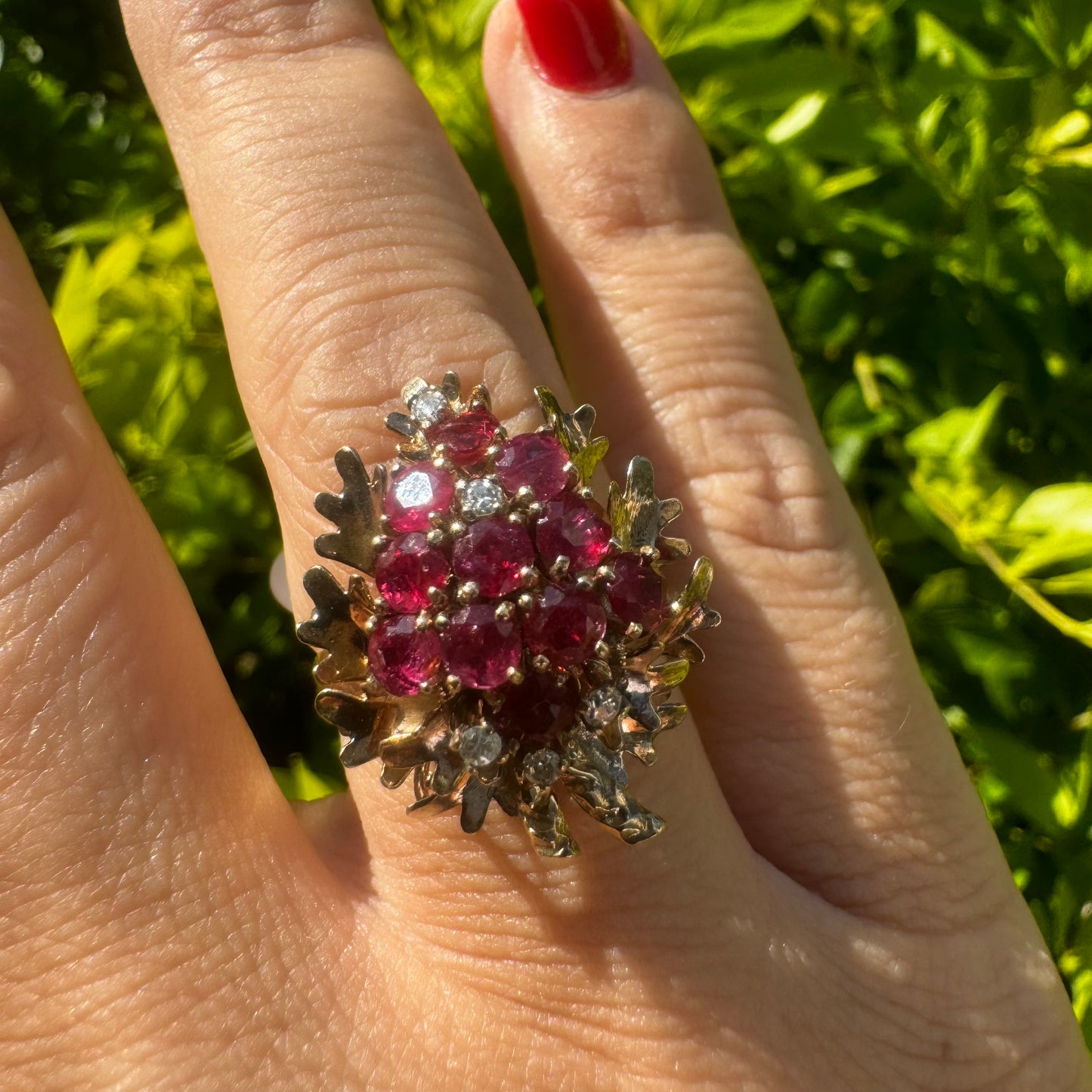 14K gold ring set with Garnet & Diamonds