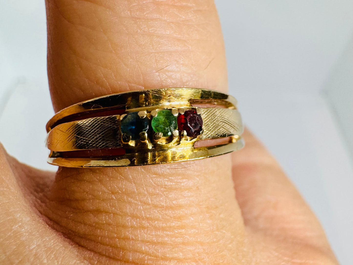 14K gold ring set with Ruby, Emerald & Sapphire