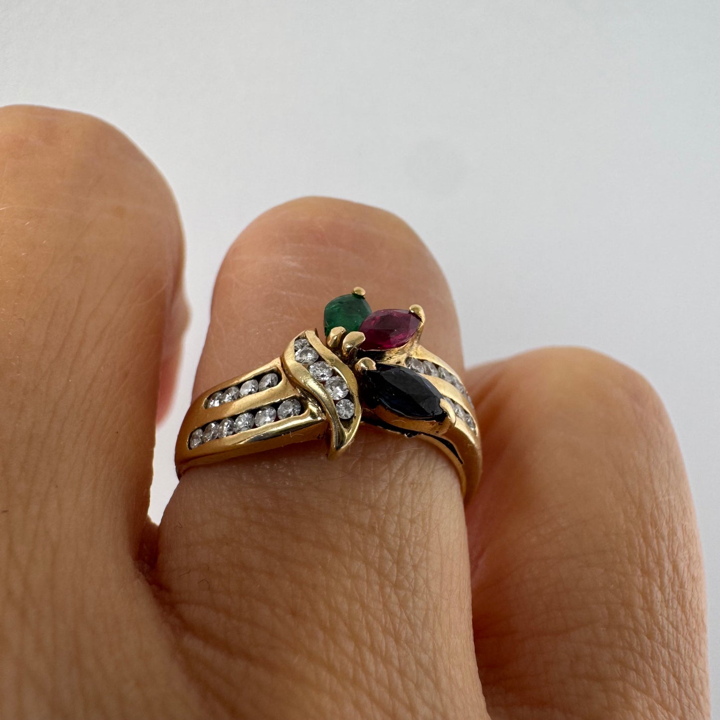 14K gold ring set with Diamonds & marquise-cut gemstones Emerald, Ruby & Sapphire