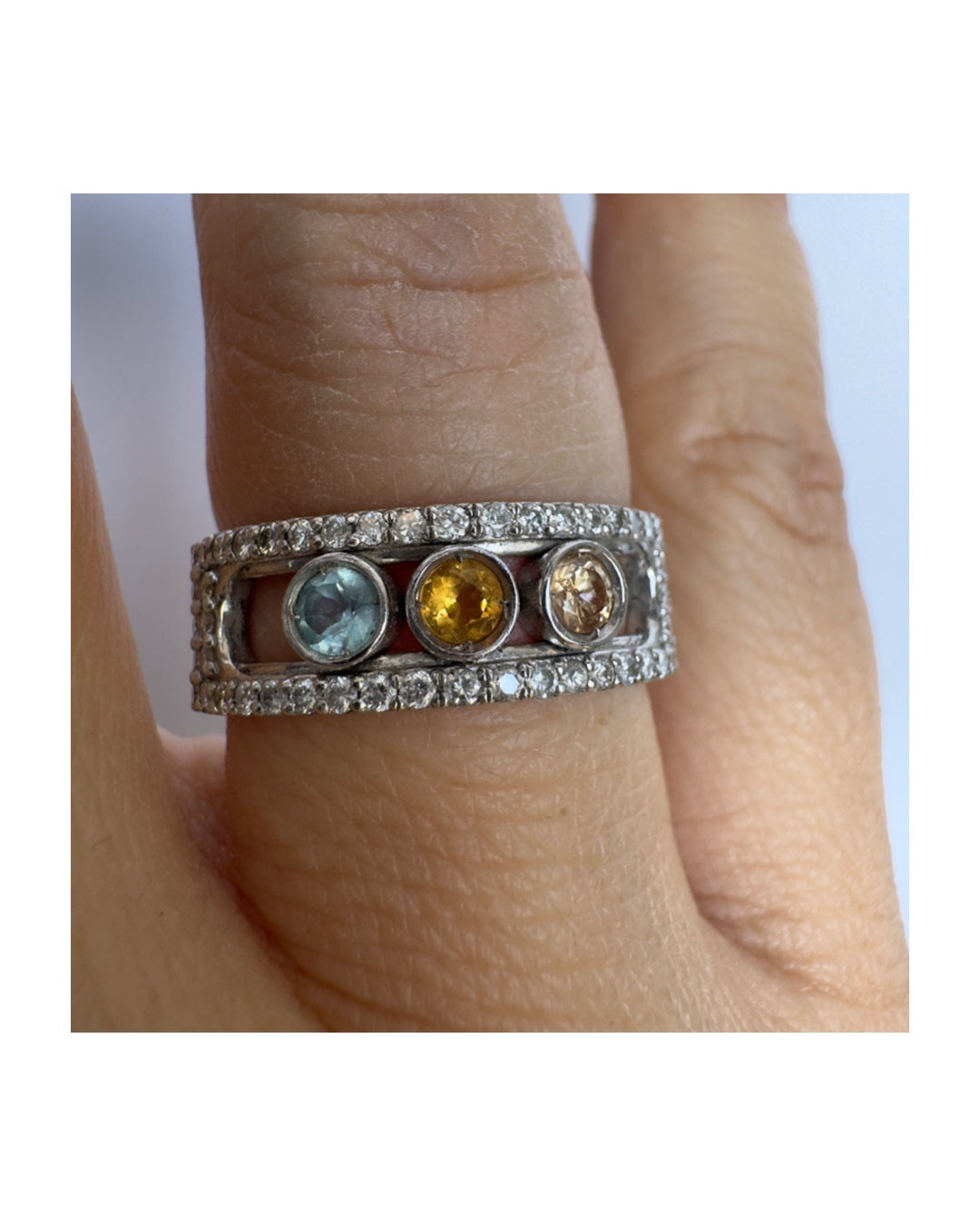 14K gold ring set with Aquamarine, Citrine and Rose Quartz, framed by a pave’ of sparkling diamonds