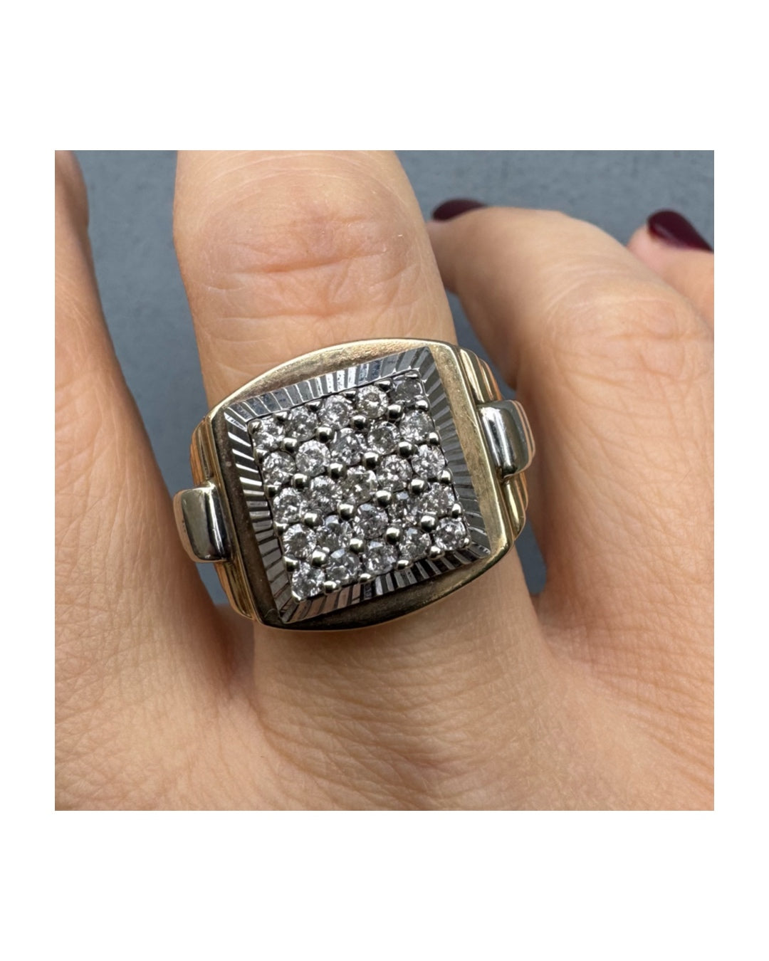 14K gold ring set with brilliant pavé diamonds in a bold square design