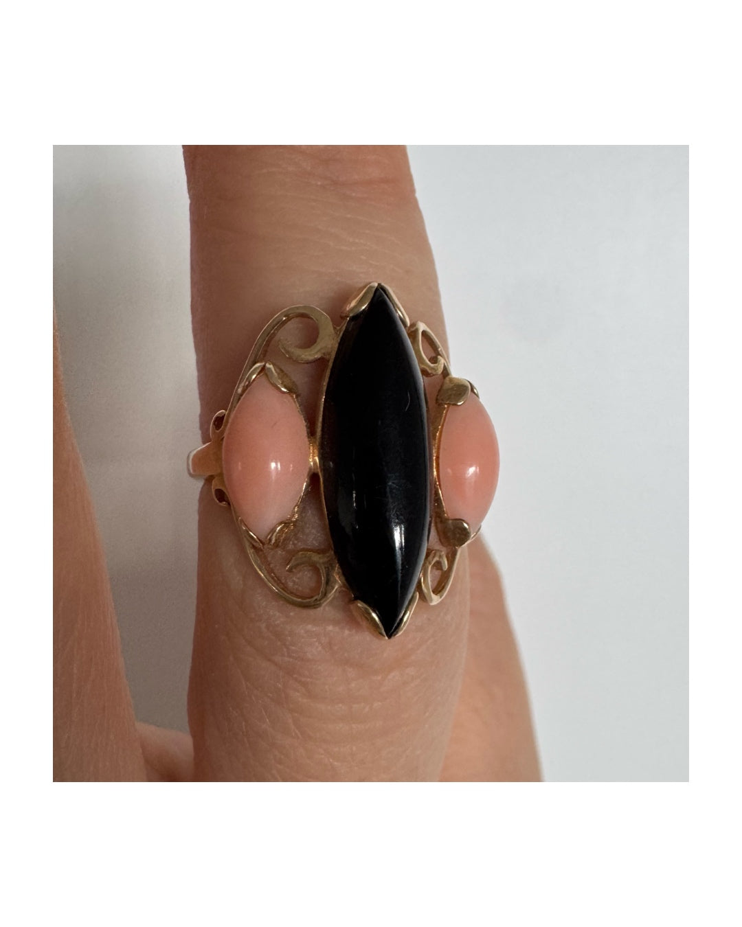 14K gold ring set with Black Onyx & Corals