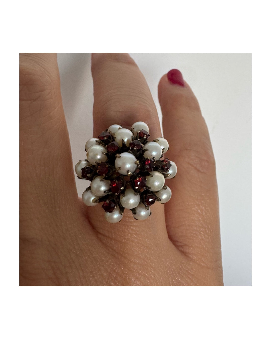 14K gold ring set with Pearls and fiery red Garnets