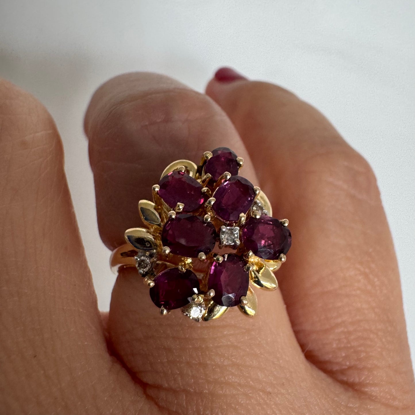 14K gold floral cluster ring set with a rich arrangement of deep pink Tourmaline & Diamonds