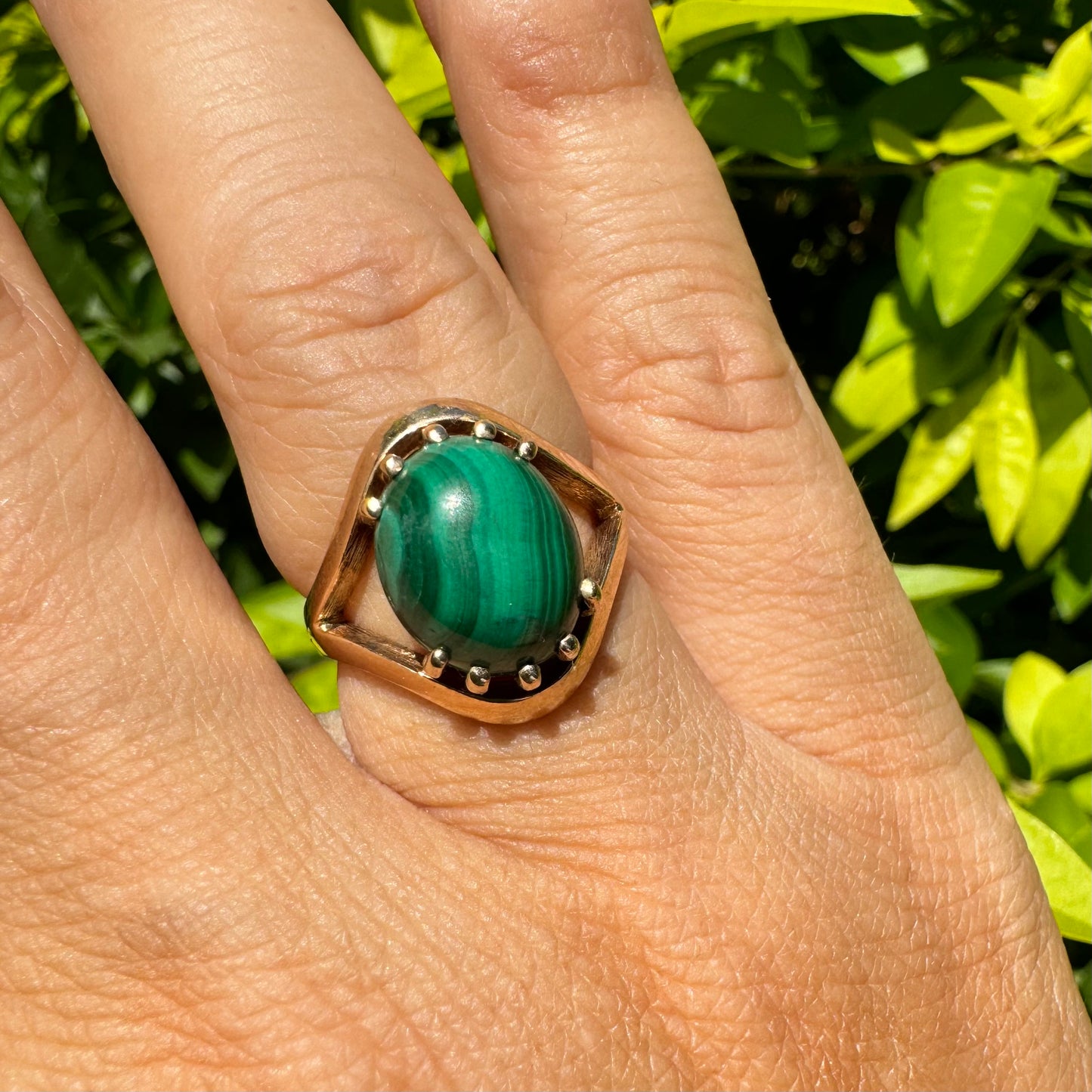 14K gold ring set with Malachite