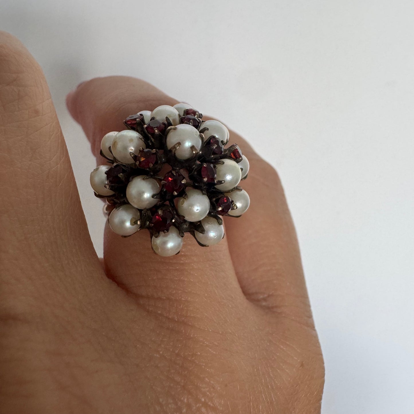14K gold ring set with Pearls and fiery red Garnets