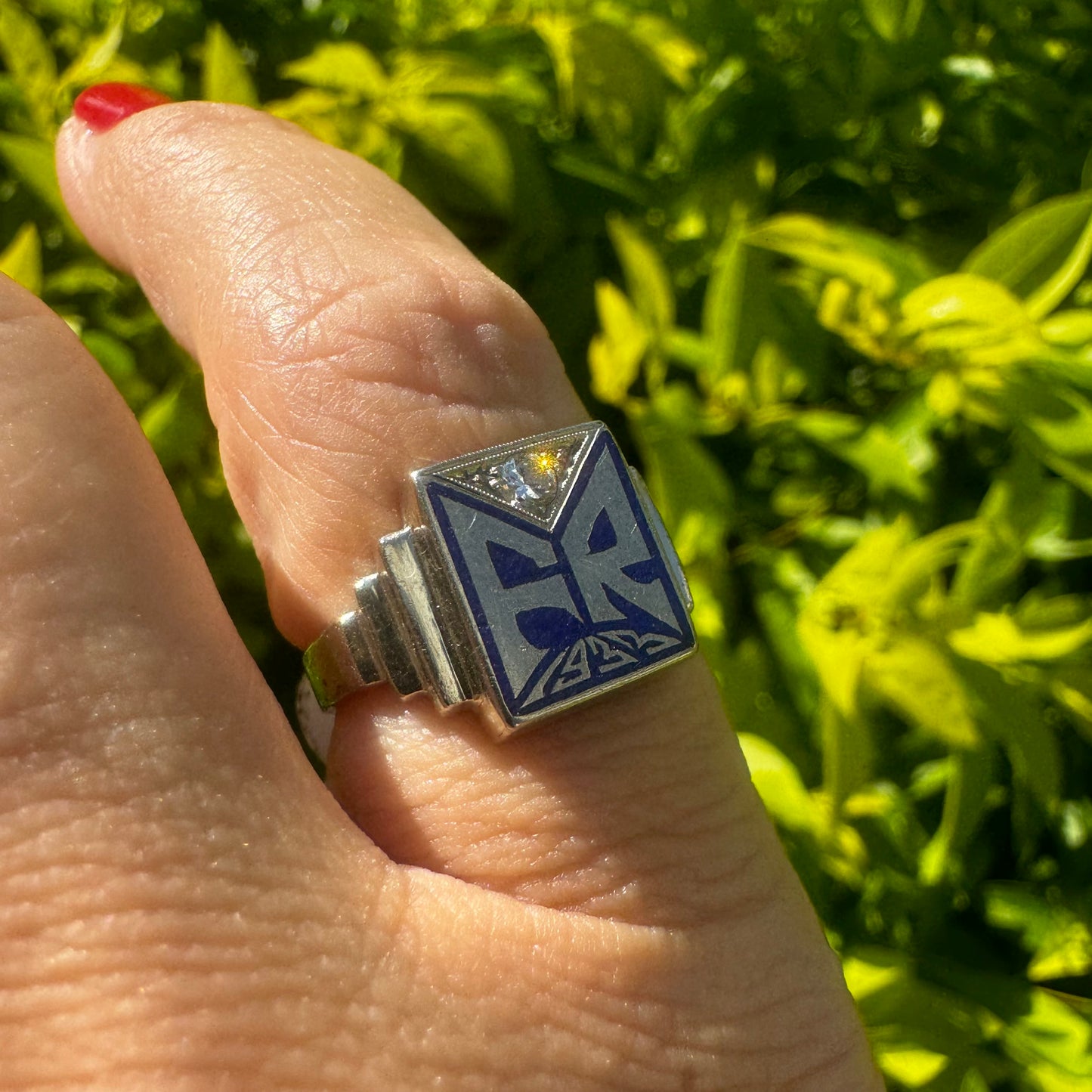 14K gold ring set with one center Diamond & FR Letters