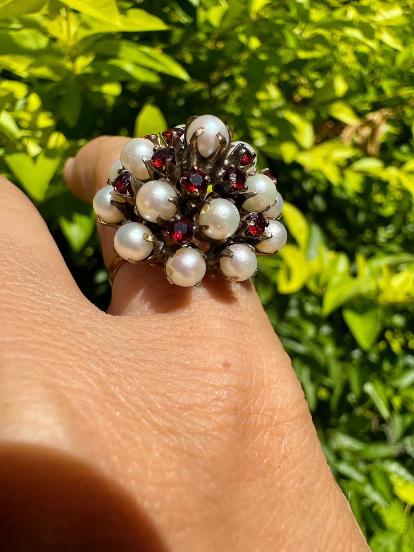 14K gold ring set with Pearl & Garnet